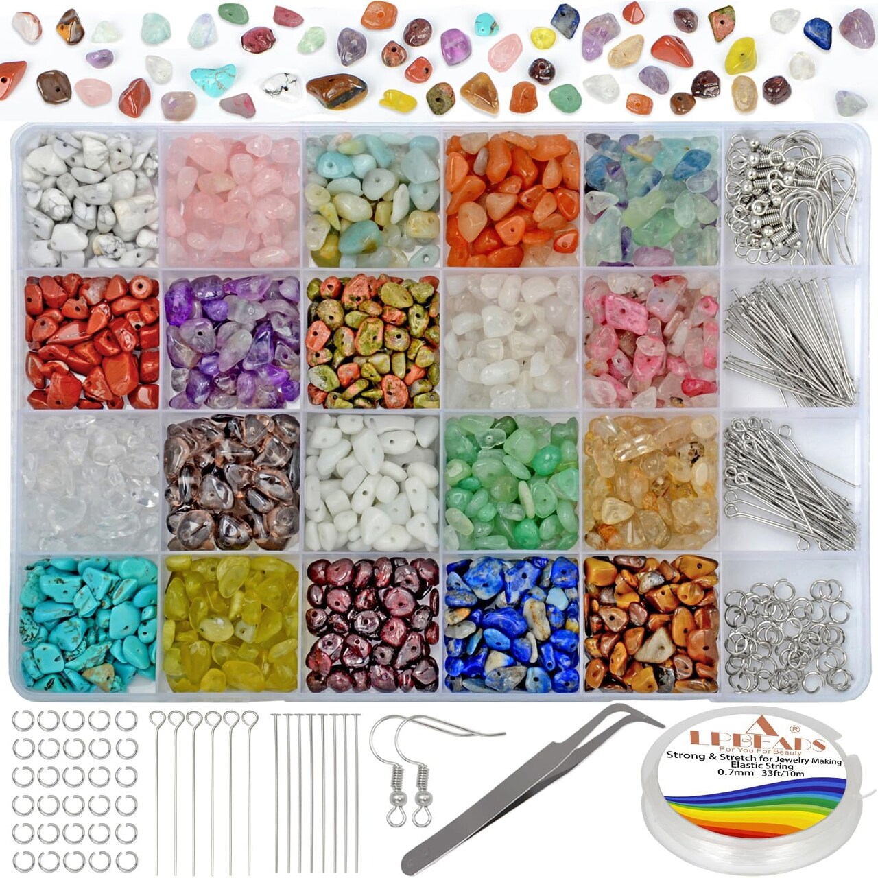 1200-Piece Jewelry Making Kit, Natural Crystal Beads, Findings & Bracelet String